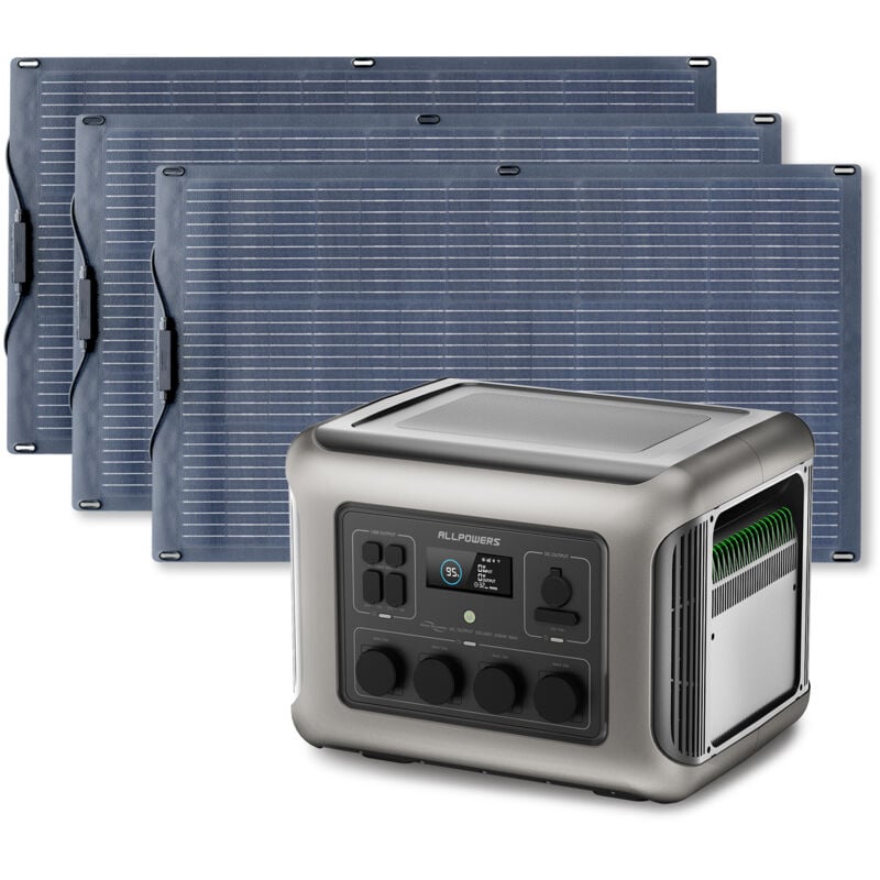 Allpowers - Générateur solaire R2500 2016Wh avec 3 panneaux solaires monocristallins etfe 100 w, 4 sorties ca de 2500 W(créte4000 w), station