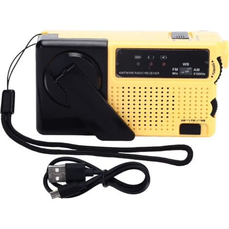 Tragbares Kurbelradio (FM/AM) mit LED-Taschenlampe und Wetterwarnung, kompakt und gelb