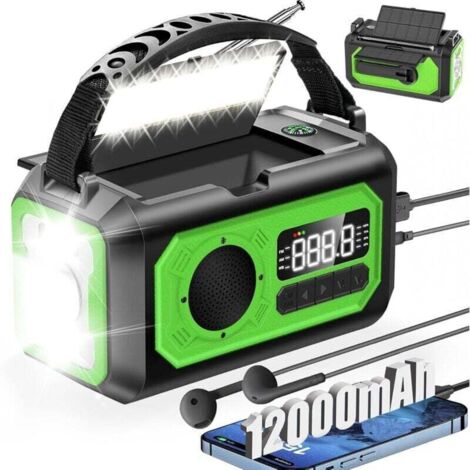 Tragbares Notfallradio mit Wetterwarnung, solarbetriebenes Kurbelradio, SOS-Alarm, 3 Beleuchtungsmodi, 12.000-mAh-Powerbank, Kompass, grün