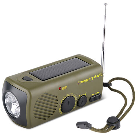 Tragbares Outdoor-Notfallradio mit Solarladung, Handkurbel, USB-Aufladung, Taschenlampe, SOS-Alarm, AM/FM-Radio und Handy-Ladegerät.