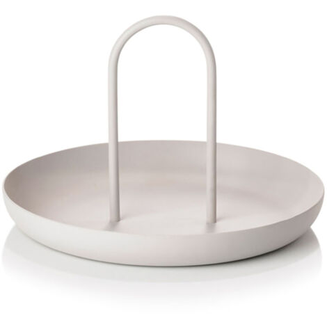Tragbares rundes Serviertablett aus Metall mit Griff, moderner minimalistischer Stil, grau, zur Aufbewahrung und als Tischdekoration.