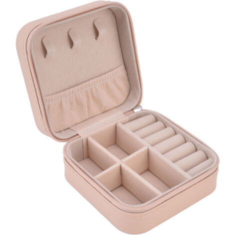 Tragbares Schmuckkästchen mit Reißverschluss, 4 Fächern, großem Fassungsvermögen, weichem Futter, Mini-Reiseaufbewahrungsbox – Nude-Rosa