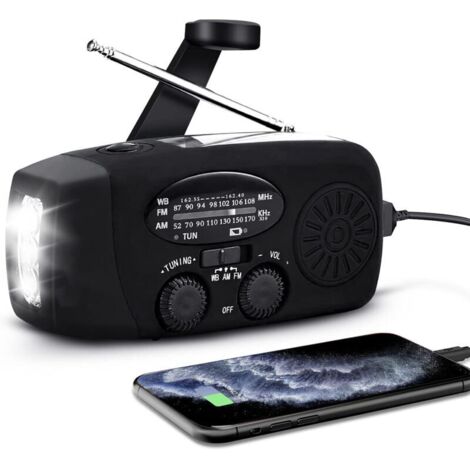 Tragbares Solarradio AM/FM/NOAA, Handkurbel und Batterie, 2000-mAh-Ladegerät, IPX3-Wasserschutz, 60 Lumen LED-Licht – 3 LEDs