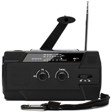 Tragbares Solarradio mit Handkurbel, wiederaufladbares Dynamoradio mit AM/FM/WB, eingebautem 4000-mAh-Akku, 4 Modi, LED-Taschenlampe, SOS-Alarm für Notfälle im Freien, Schwarz