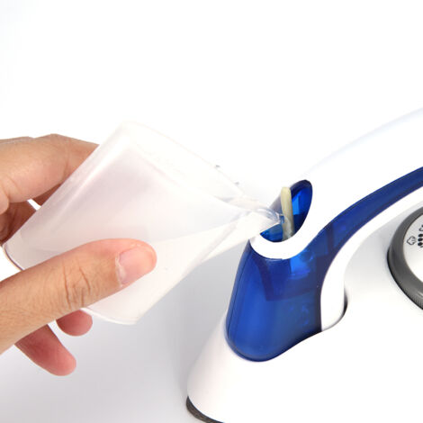 Tragbares, temperaturregulierbares Bügeleisen, kompaktes Mini-Modell mit antihaftbeschichteter und stoßfester Sohle, 460 g, blau-weiß