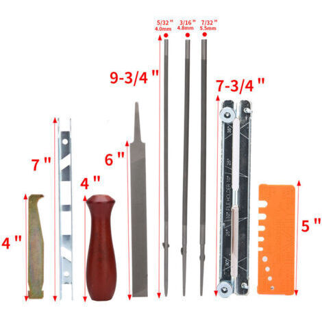 Tragbares Universal-Kettensägen-Schärfset, Rundfeile (4 mm / 4,8 mm / 5,5 mm), Flachfeile, Griff, Führungsfeile und Tasche