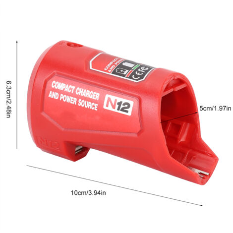 Tragbares USB-Ladegerät für Milwaukee M12, rotes ABS-Material, Abmessungen 10 x 6,3 x 5 cm, 2,1-A-USB- und DC-Anschluss