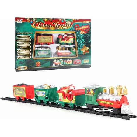 Train de Noël Train électrique Décoration de d'Arbre de Noël de Luxe Train de Noël Père Noël avec 3 Véhicules de Transport Wagons et 7 Rails Fonctionne sur Piles Autour du Sapin de Noël pour Cadeau