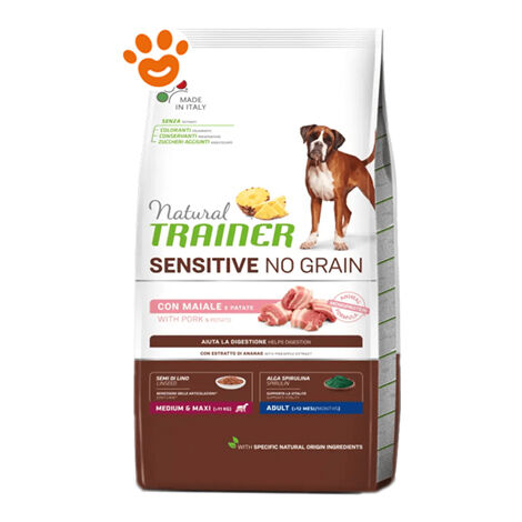 Trainer Natural Dog Sensitive No Grain Adult Medium Maxi Maiale e Patate  - Trainer Natural Dog Sensitive No Grain Adult Medium Maxi Maiale e Patate - Sacco Da 12 Kg