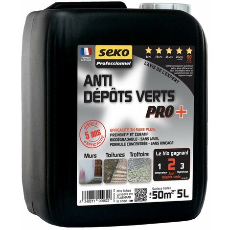 Traitement antimousse pour toit et mur 5L – Élimine dépôts verts, lichens et algues – Biocide concentré pour surfaces jusqu'à 50 m² – Sodepac