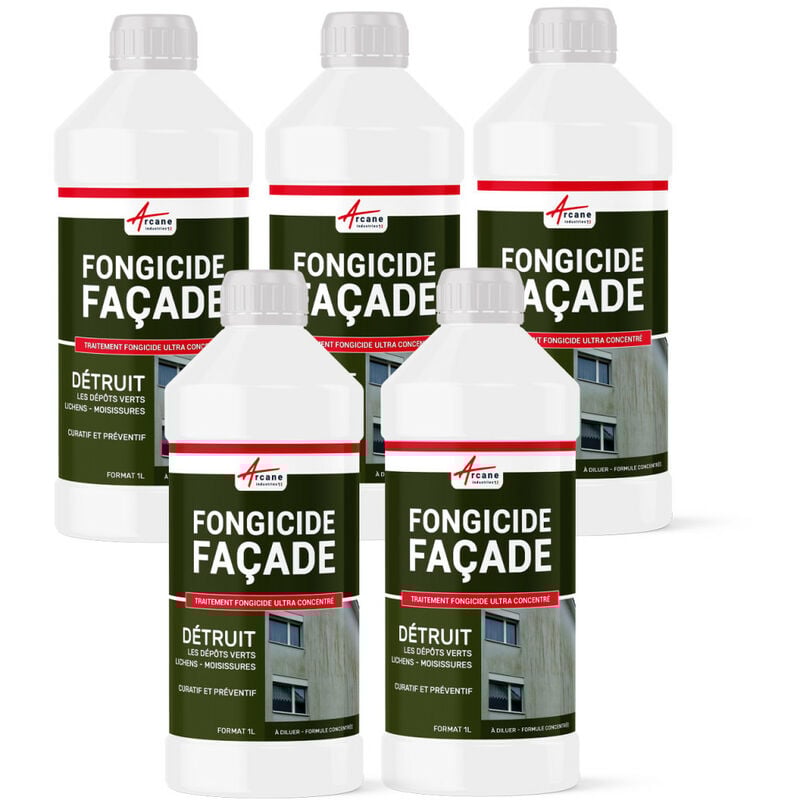 Arcane Industries - Fongicide concentré Anti dépôt vert pour murs façade - Élimine aussi algues et lichens - anti-mousse - 5 l (5 x 1L)