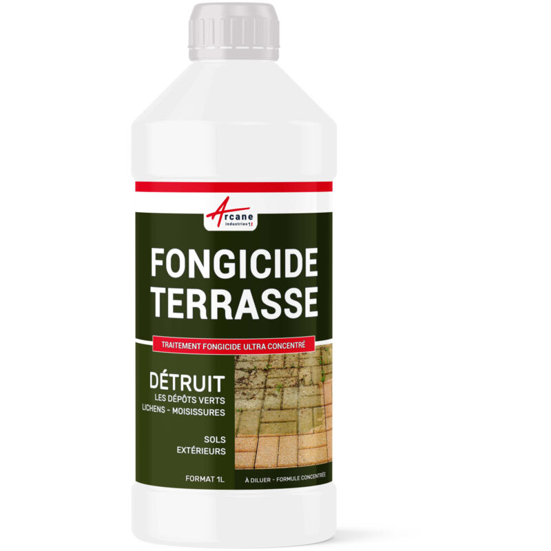 Arcane Industries - Fongicide Anti dépôt vert concentré pour terrasse et sols - Élimine aussi algues et lichens - anti-mousse - 1 l (jusqu'à 250 m²)