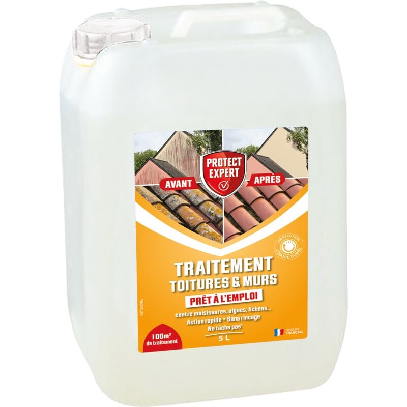 AMTPB5- Traitement Toitures Et Murs -Algues & Lichens - Prêt-À-L'Emploi - Bidon 5 Litres - Un seul traitement par an - Protect Expert
