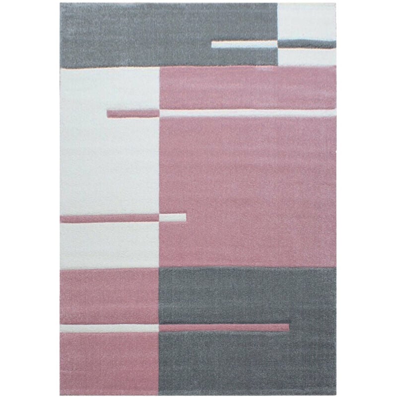 TRAITS - Tapis géométrique (Gris et Rose - 80x300cm)