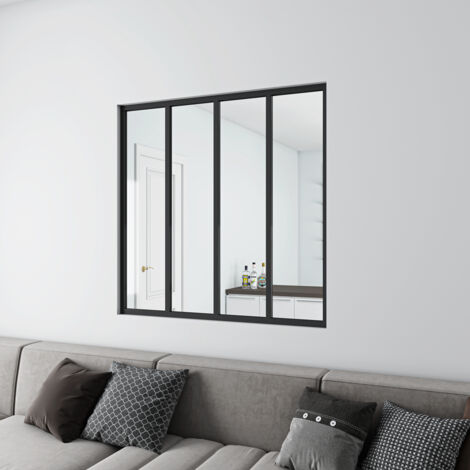 Tramezzo Interno Vetrata 123x108 cm 4 pannelli in Vetro Temperato Trasparente da 4 mm Profili Finitura Nero Opaco