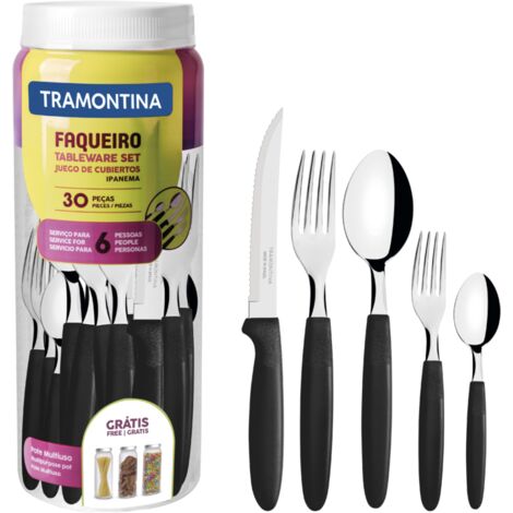 Tramontina Ipanema - 6-Personen-Besteck-Set (30 Teile, Edelstahl, schwarzer Griff)