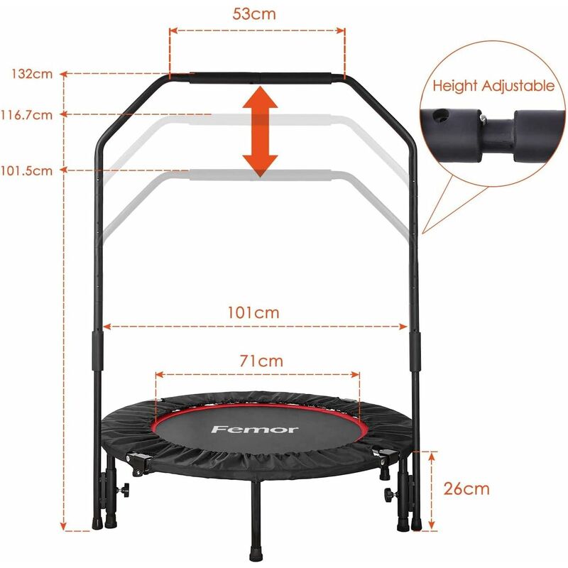 

Trampolín Fitness Plegable, Ø101.6 cm, con Mango Ajustable en Altura de 3 Vías, incluida la Cubierta del Borde, con Cuerdas de Goma Peso Máximo 150 kg