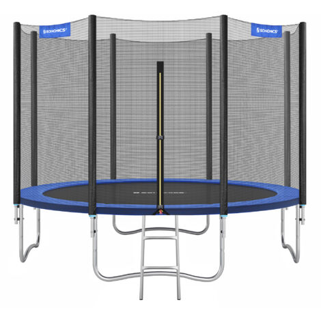 Trampoline Ø 366 cm pour Enfants, Filet de Protection, Coussins de Sécurité, Échelle, Poteau Droit de 180 cm de Haut, Cadre en Acier, Certificat TÜV Rheinland GS, Bleu
