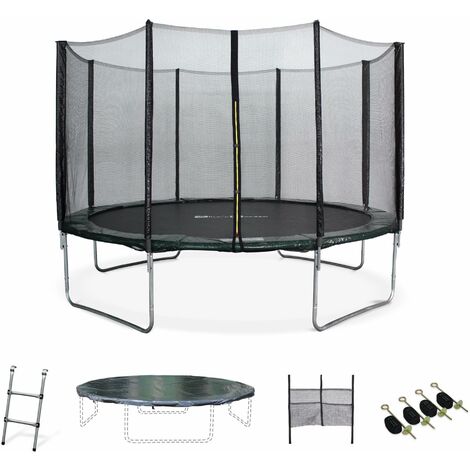 Trampoline Ø370cm - Saturne XXL vert, filet, échelle, bâche, filet chaussures, kit d'ancrage 370 cm 3m