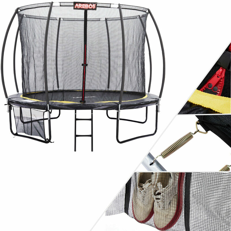 Trampoline d'extérieur Kit complet avec filet de sécurité, échelle, tapis de saut, poteaux en filet rembourrés, filet à pantoufles et protection de