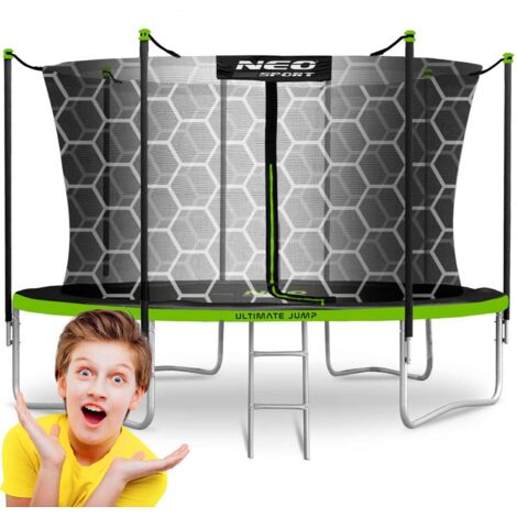 Trampoline de jardin 374 cm avec filet intérieur – Échelle métallique à larges marches – Charge maximale 150 kg – Poteaux recouverts de mousse