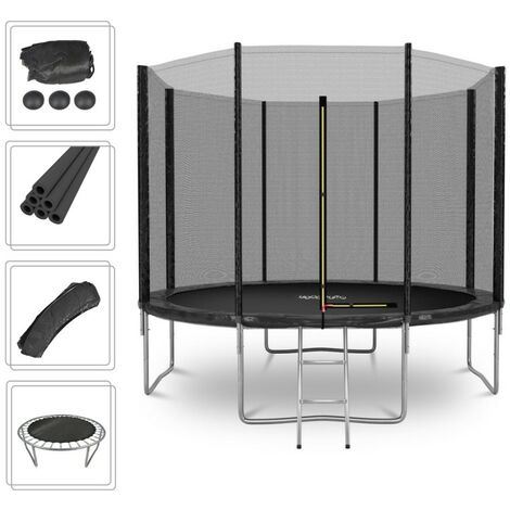 Trampoline de Jardin Deluxe ø305cm Noir - avec Filet de sécurité, Tapis de saut, Coussin de protection, Echelle