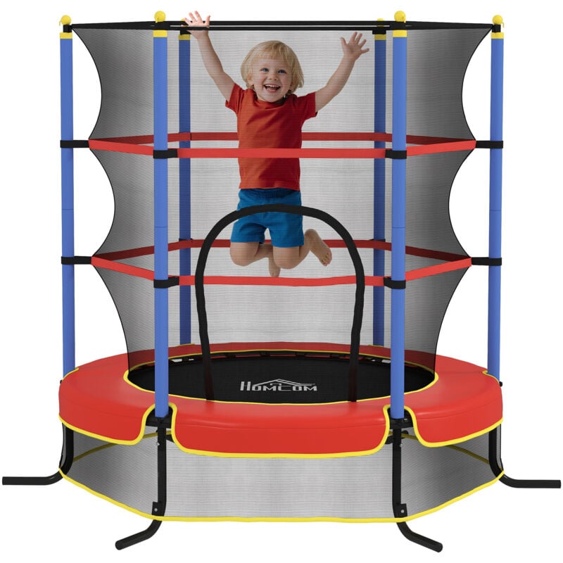 Homcom - Trampoline de jardin enfant ø 1,75 x 1,90H m filet de sécurité porte zipée couvre-ressorts + 6 poteaux rembourrés inclus rouge bleu noir