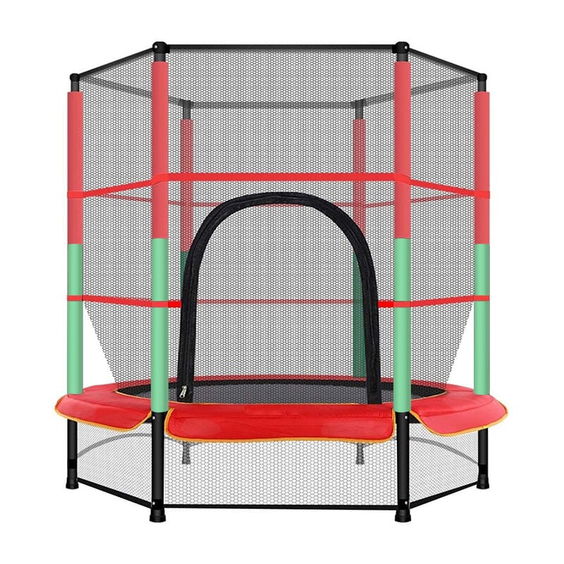 Trampoline de jardin enfants ø 1,40 × 1,60H m filet de sécurité porte zipée couvre-ressorts + 6 poteaux rembourrés inclus noir rouge vert