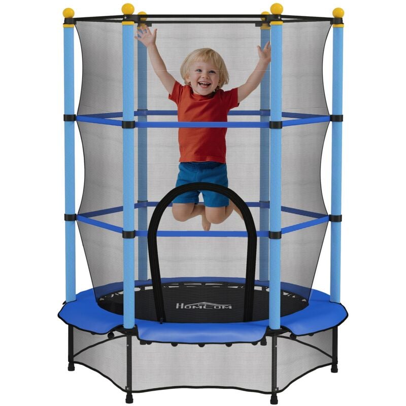Homcom - Trampoline de jardin enfants ø 1,40 x 1,90H m filet de sécurité porte zipée couvre-ressorts + 6 poteaux rembourrés inclus bleu