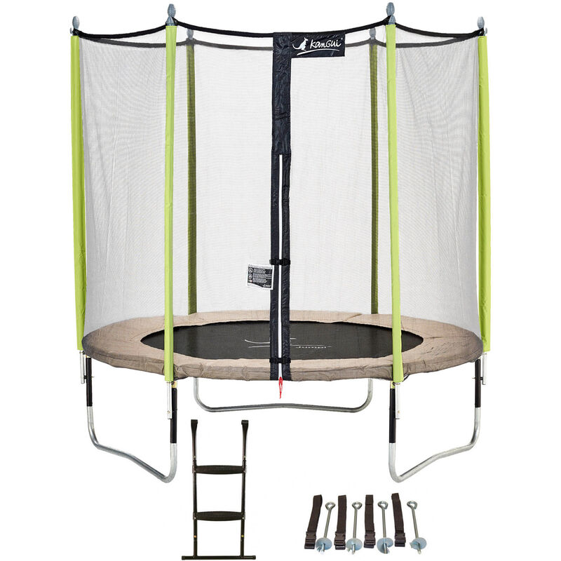 Trampoline de jardin 244 cm + filet de sécurité + échelle + kit d'ancrage jumpi Taupe/Vert 250 - Vert - Kangui