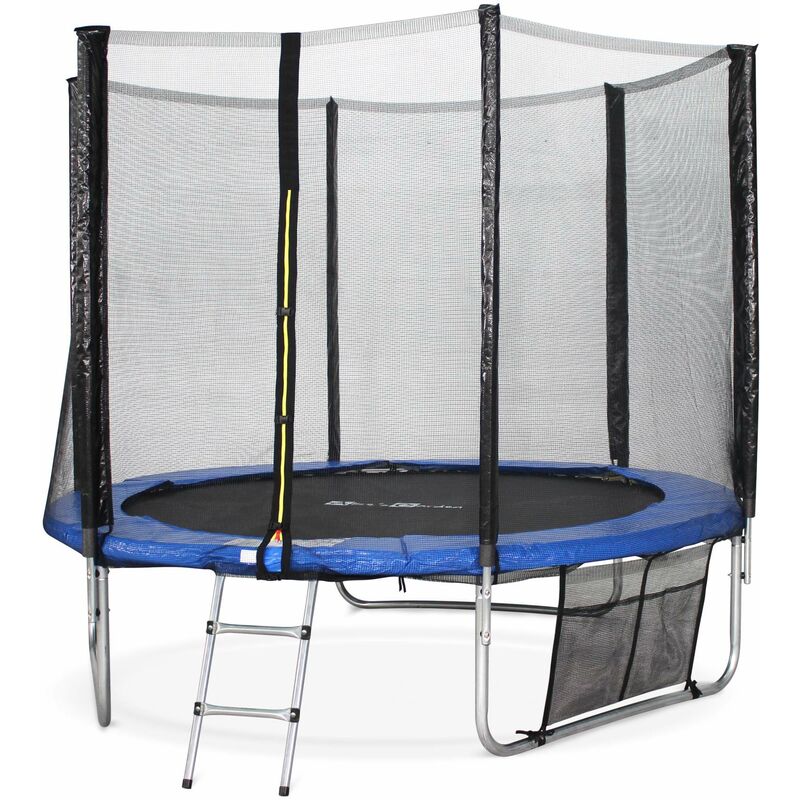 Trampoline 250cm - Pluton XXL Bleu - avec filet de protection, échelle, bâche, filet pour chaussures, kit d'ancrage, trampoline de jardin 250 cm