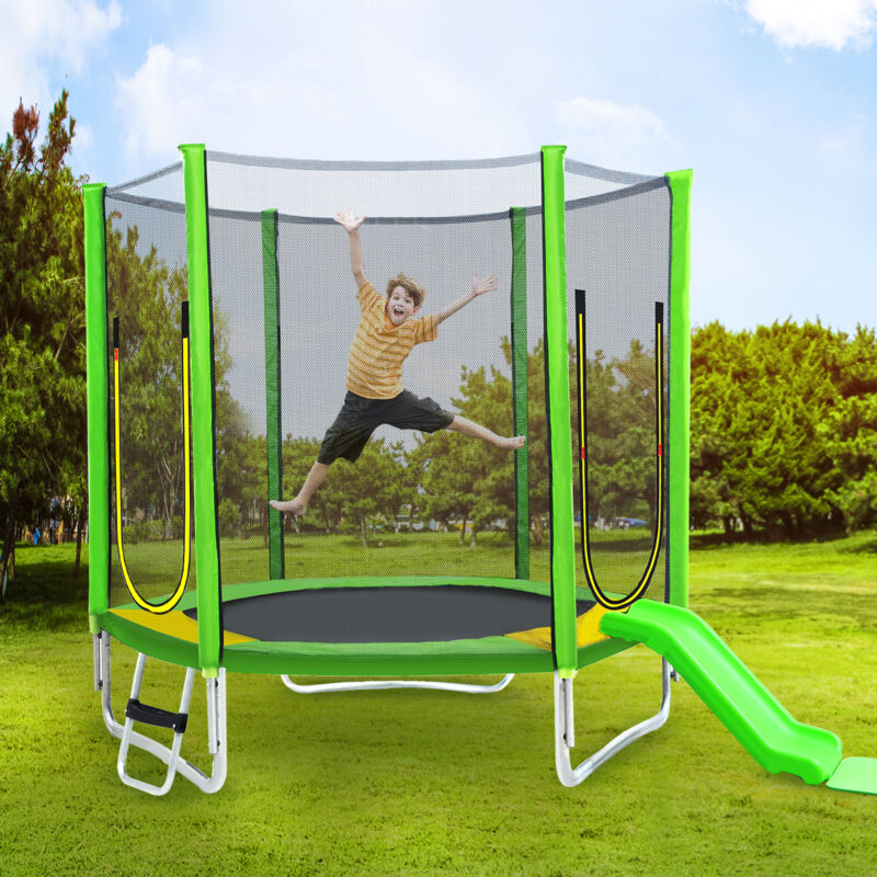 Trampoline de jardin pour enfants avec échelle,Barres Rembourrées,Toboggans,Filet de sécurité,Housse de protection 293x213cm - Vert