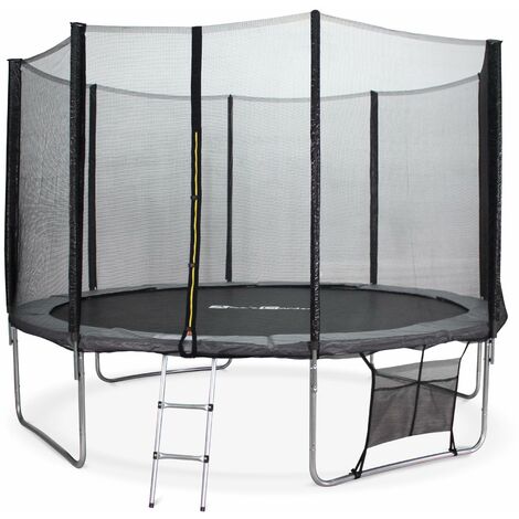 Trampoline 370cm - Saturne XXL Gris - avec filet de protection, échelle, bâche, filet pour chaussures, kit d'ancrage, trampoline de jardin 370 cm |Qualité PRO |Normes EU