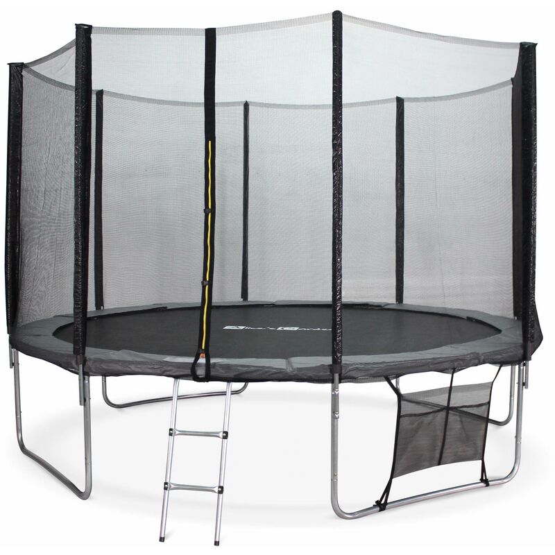 Trampoline 370cm - Saturne XXL Gris - avec filet de protection, échelle, bâche, filet pour chaussures, kit d'ancrage, trampoline de jardin 370 cm