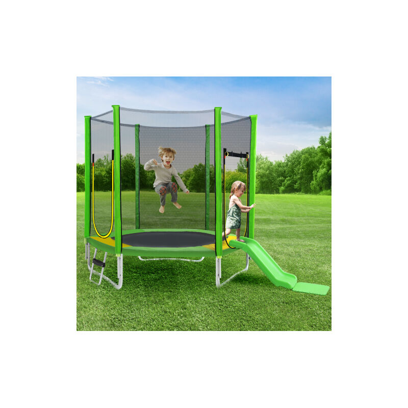 Trampoline d'extérieur pour enfants Ø 213 cm Trampoline de jardin avec toboggan, échelle, filet, double porte et barres rembourrées,TÜV