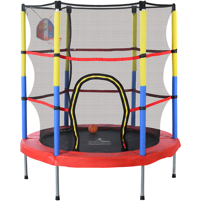 Trampoline d'extérieur enfant 140 cm - avec filet de sécurité, panier de basket, 2 ballons de basket, pour usage intérieur et extérieur - 164 x 140 cm