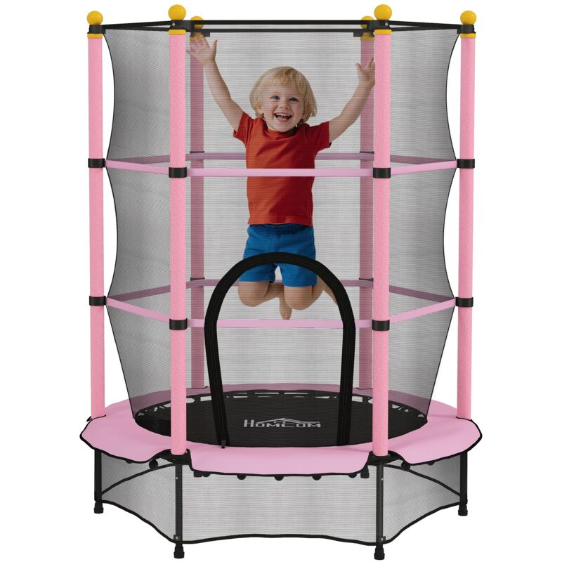 Trampoline Enfant Ø 1,40 × 1,90H m Filet de sécurité Porte zipée Couvre-Ressorts 6 poteaux rembourrés Inclus Rose-Rose