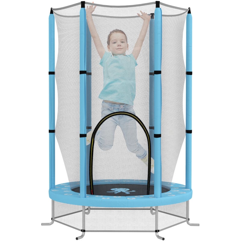 Trampoline enfant Ø140 cm - filet sécurité, porte zippée, 6 poteaux rembourrés - bleu ciel