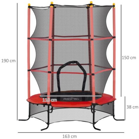 Trampoline enfant Ø163×190cm filet sécurité zipée, couvre-ressorts 6 poteaux rembourrés, rouge