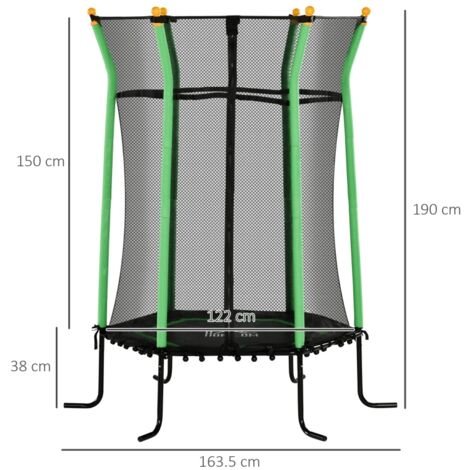 Trampoline enfant Ø163,5cm 3-10 ans, fermeture éclair poteaux rembourrés, filet sécurité vert 163,5x190 cm