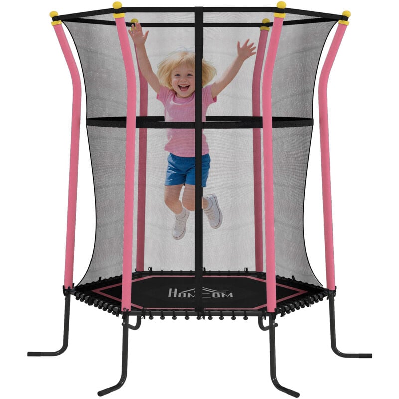 Trampoline enfant dia. 1,63 x 1,9H m filet de sécurité porte zippée 6 poteaux rembourrés inclus charge max. 50 Kg rose noir