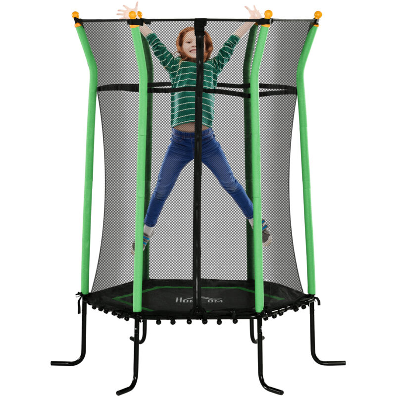 Trampoline enfant dia. 1,63 x 1,9H m filet de sécurité porte zippée 6 poteaux rembourrés inclus charge max. 50 Kg vert noir