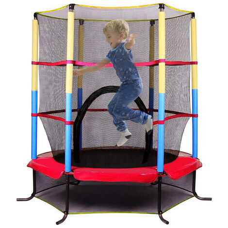 Trampoline enfants, diamètre 140 cm, Trampoline extérieur, équipement jardin, couvercle rouge de poteau de garde jaune et bleu, filet intérieur d'angle