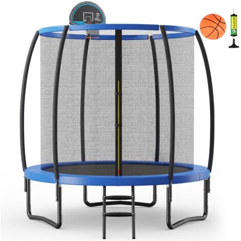 Trampoline Extérieur Ø 2,44 m avec Filet de Protection Panier de Basket Coussin de Sécurité Echelle 2 Marches Tapis de Saut