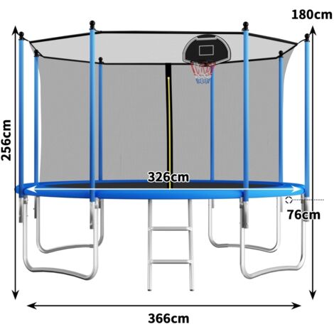 Trampoline extérieur 366 cm pour enfants et adultes, structure monobloc stable robuste, barres renforcées