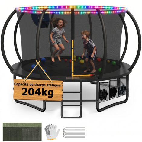 Trampoline extérieur ø 427 cm avec éclairage LED, capacité de charge 204kg, trampoline de jardin robuste pour enfants et adultes, avec panier de basket, sac de rangement, couverture de protection, éch