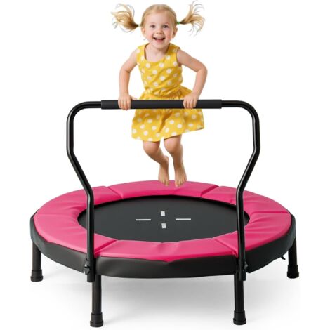 Trampoline Exterieur Enfant Ø102 cm, Trampoline Interieur Exterieur avec Barre de Poignée, 30 Ressorts Charge 100 kg(Rose)