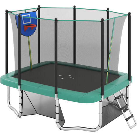 Trampoline Exterieur Enfant Adulte 317 x 255 cm, Panier de Basketball, But de Football, Échelle, Trampoline Rectangulaire, 68 Ressorts, 2 Portes Zippé