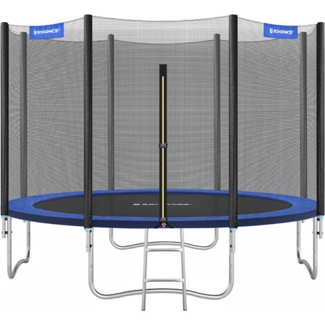 Trampoline Extérieur Enfant Diamètre 305 cm, Filet de Protection Externe, Coussins de Sécurité, Échelle, Poteau Droit de 180 cm de Haut, Cadre en Acier, Bleu