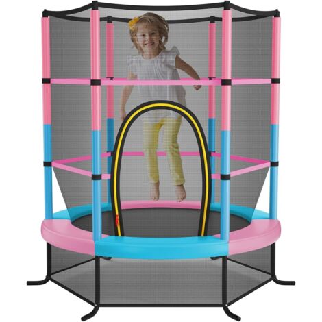 Trampoline Extérieur Enfants Ø165 CM avec Filet de Sécurité, Trampoline Enfants avec Cadre en Acier & 6 Poteaux Recouvert de Mousse (Macaron)